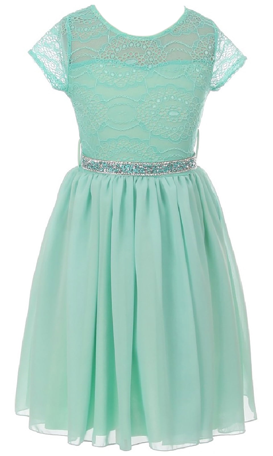 Girls' Lace Skater Dress With Stone Belt - Cap Sleeve Tea-Length Flower Girl Dress