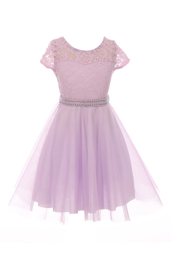 Little Girl Cap Sleeve Lace Tulle Pearl Belt Pageant Party Flower Girl Dress USA Lilac 4 JKS 2122 BNY Corner