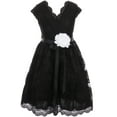 thumbnail image 1 of Little Girl Cap Sleeve V Neck Flower Border Stretch Lace Corsage Belt Flower Girl Dress (20JK66S) Black 2, 1 of 4