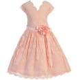 thumbnail image 1 of Little Girl Cap Sleeve V Neck Flower Border Stretch Lace Corsage Belt Flower Girl Dress (20JK66S) Blush 2, 1 of 4