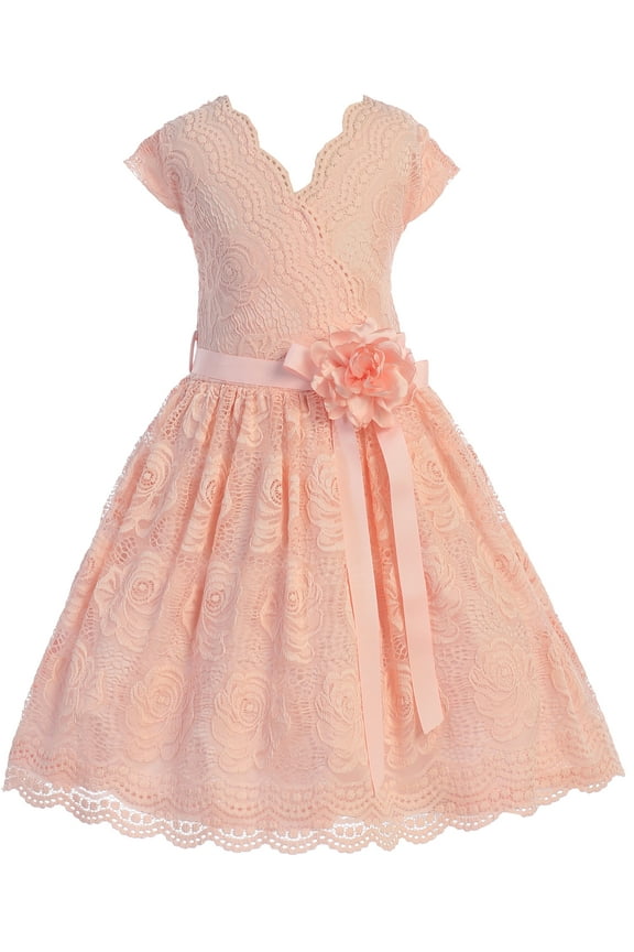 Little Girl Cap Sleeve V Neck Flower Border Stretch Lace Corsage Belt Flower Girl Dress (20JK66S) Blush 2