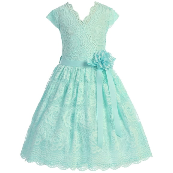 Little Girl Cap Sleeve V Neck Flower Border Stretch Lace Corsage Belt Flower Girl Dress (20JK66S) Mint 2