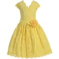 thumbnail image 1 of Little Girl Cap Sleeve V Neck Flower Border Stretch Lace Corsage Belt Flower Girl Dress (20JK66S) Yellow 2, 1 of 4
