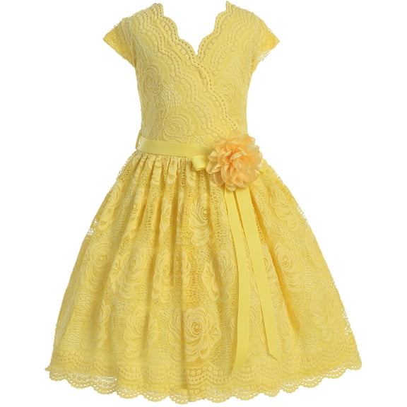 Little Girl Cap Sleeve V Neck Flower Border Stretch Lace Corsage Belt Flower Girl Dress (20JK66S) Yellow 6
