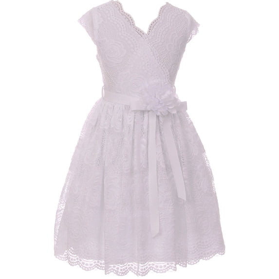 Little Girl Cap Sleeve V Neck Flower Stretch Lace Corsage Birthday Holiday Dress (20JK66S) White 4