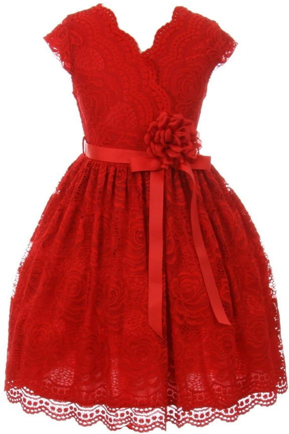 Little Girl Cap Sleeve V Neck Flower Stretch Lace Corsage Flower Girl Dress (20JK66S) Red 6