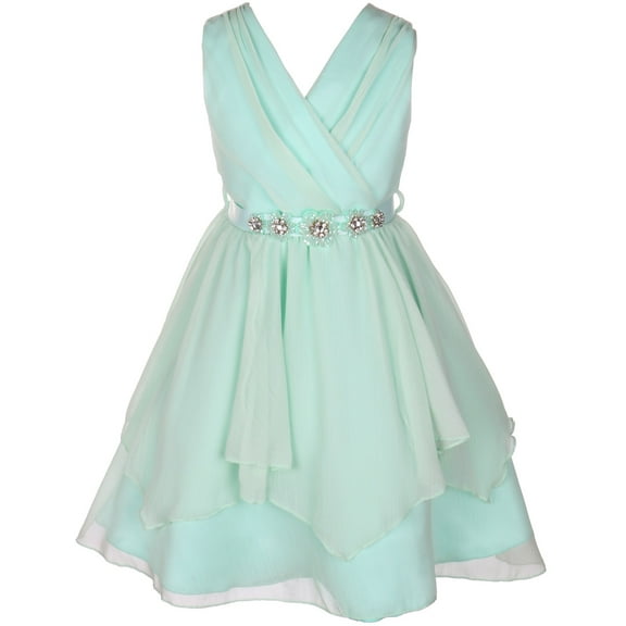 Little Girl Classy V Neck Chiffon Ruched Rhinestone Belt Easter Graduation Flower Girl Dress Mint 2