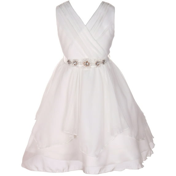 Little Girl Classy V Neck Chiffon Ruched Rhinestone Belt Easter Graduation Flower Girl Dress Off White 2