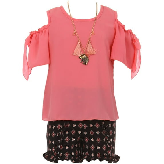 Little Girl Cold Shoulder Bow Sleeve Top Summer Ruffle Short 2 Pieces Set Girls Set (21JK13S) Coral 4