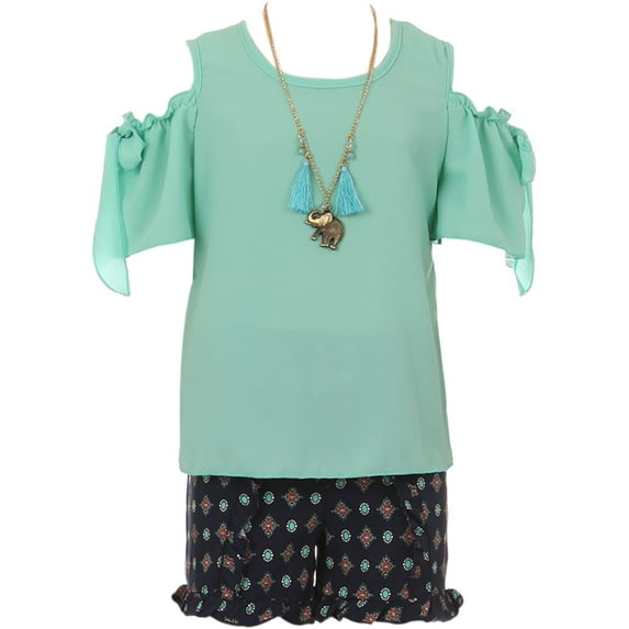 Little Girl Cold Shoulder Bow Sleeve Top Summer Ruffle Short 2 Pieces Set Girls Set (21JK13S) Mint 4