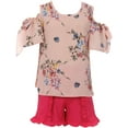 thumbnail image 1 of Little Girl Cold Shoulder Floral Top Summer Ruffle Short 2 Pieces Set Girls (21JK13S) Pink 4, 1 of 3