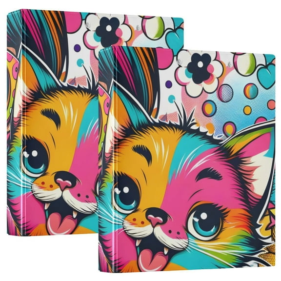 Little Girl and Colorful Comical Cat 3 Ring Hardcover Binders 1.5" Round Rings for Letter-Size Folder Paper Organizer Pockets for Office Student Recipe 1 Pack