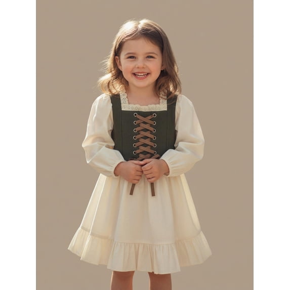 Little Girl Contrast Patchwork Dress Lace Trim Square Neck Long Sleeve Ruffle Dresses for Spring Fall