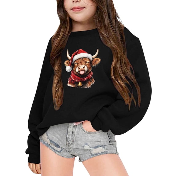 Little Girl Crewneck Pullover Sweatshirts Children's Winter Christmas Themed Cow Print Hoodie Jacket Pullovers Tops Size 6-7T ,Black