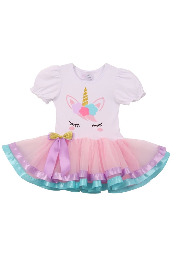 Little Girl Cute Short Sleeve Satin Tutu Birthday Summer Unicorn Skirt Dress Pink S CC 1906 BNY Corner
