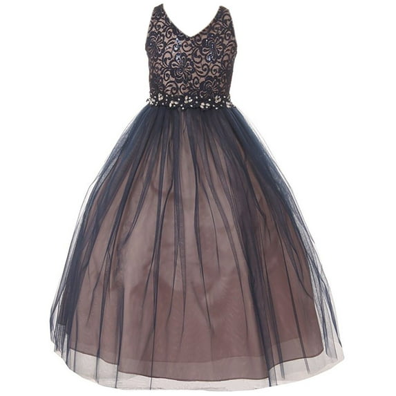 Little Girl Dress Elegant Tulle Bridesmaid Party Pageant Prom Flower Girl Dress Navy Pink 4 (M3B8K2)