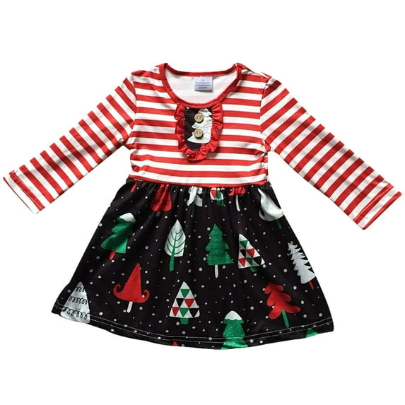 Little Girl Dress Kids Christmas Tree Stripe Holiday Party Flower Girl Dress Red Black 2T XS (202053)