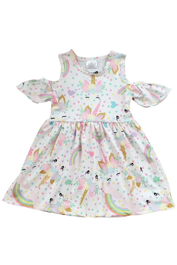 Little Girl Dress Kids Cold Shoulder Unicorn Rainbow Polka Flower Girl Dress Off White 2T XS (201405)