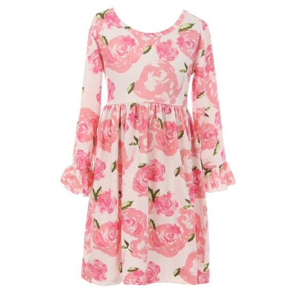Little Girl Dress Kids Floral Print Ruffle Easter Summer Flower Girl Dress Pink 2T XS (501094)