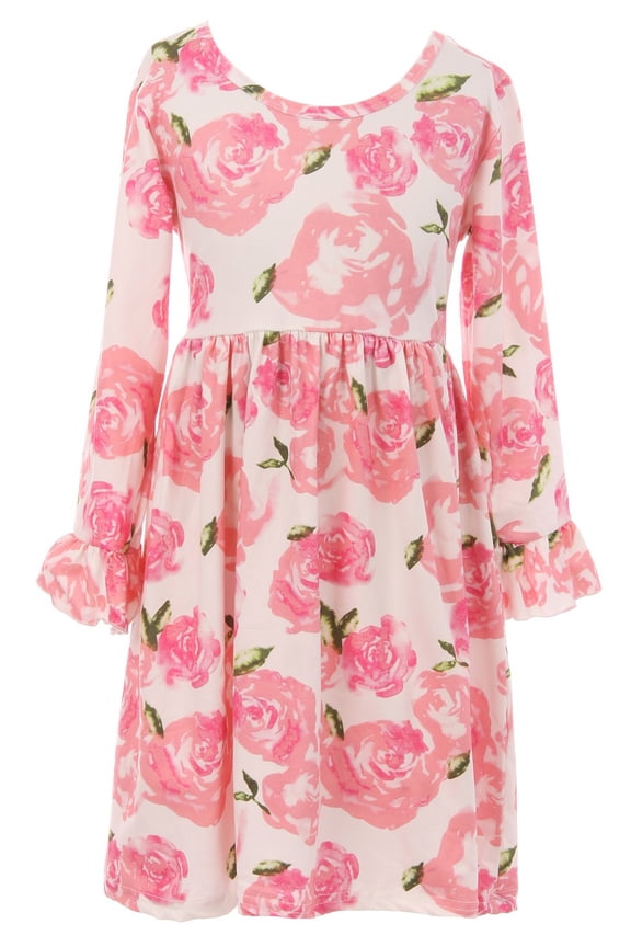 Little Girl Dress Kids Floral Print Ruffle Easter Summer Flower Girl Dress Pink 4 M (501094)