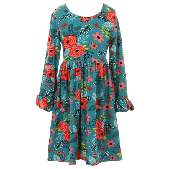 Little Girl Dress Kids Floral Print Ruffle Easter Summer Flower Girl Dress Teal 2T XS (501029)