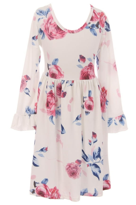 Little Girl Dress Kids Floral Print Ruffle Easter Summer Flower Girl Dress White 5 L (500936)