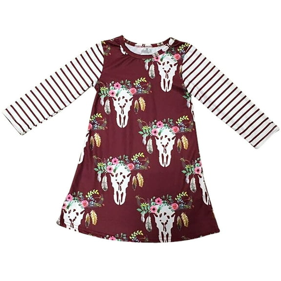 Little Girl Dress Kids Floral Stripe Christmas Holiday Party Flower Girl Dress Burgundy 5 L (202056)