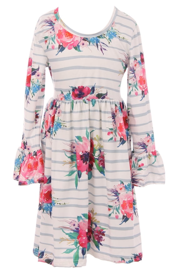 Little Girl Dress Kids Floral Stripe Cotton Easter Party Flower Girl Dress Off White 4 M (501196)