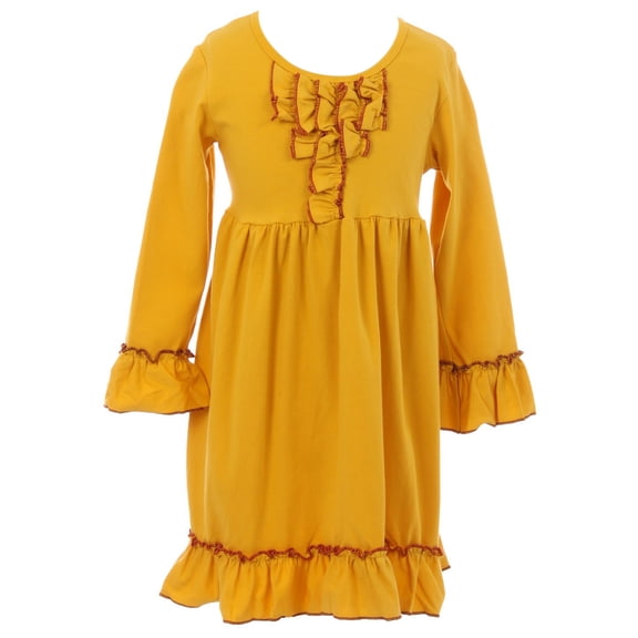 Little Girl Dress Kids Long Sleeve Solid Ruffle Easter Summer Flower Girl Dress Mustard 2T XS (201168)