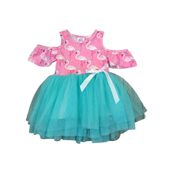 Little Girl Dress Kids Off Shoulder Tulle Birthday Flamingo Flower Girl Dress Blue 2T XS (201395)