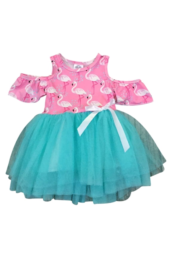 Little Girl Dress Kids Off Shoulder Tulle Birthday Flamingo Flower Girl Dress Blue 2T XS (201395)