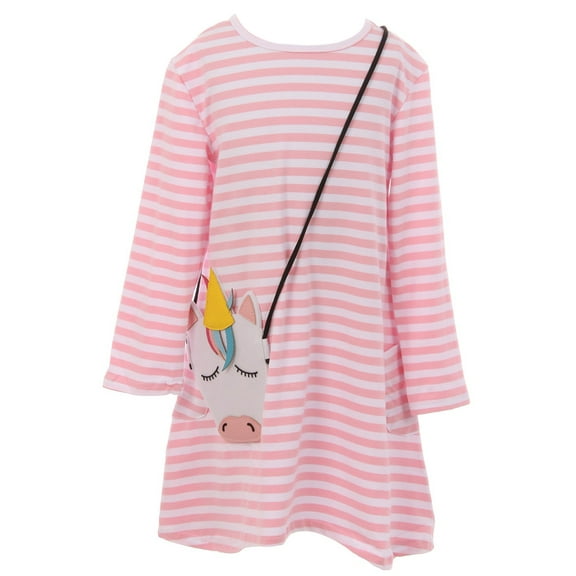 Little Girl Dress Kids Stripe Pocket Bag Easter Party Flower Girl Dress Pink 2T XS (201251)