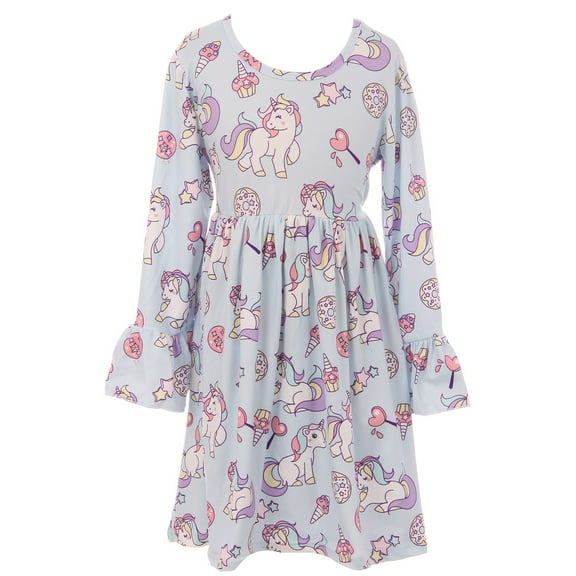 Little Girl Dress Kids Unicorn Ruffle Sleeve Cotton Summer Flower Girl Dress Blue 2T XS (201170)