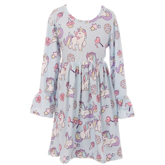 Little Girl Dress Kids Unicorn Ruffle Sleeve Cotton Summer Flower Girl Dress Blue 2T XS (201170)