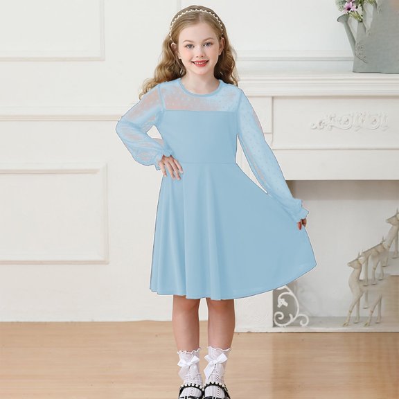 Little Girl Dress Long Sleeve A-Line Tiered Swing Summer Light Blue Dresses For Girls Birthday Dresses For Girls Girls Party Dress