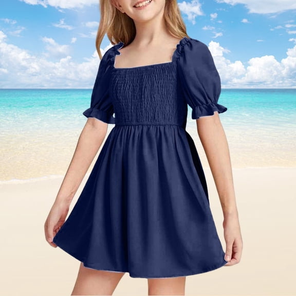 Little Girl Dress Puff Sleeve Tiered Swing A-Line Cute Navy Dress Girls Birthday Dresses For Girls Cute Midi Casual Sundress