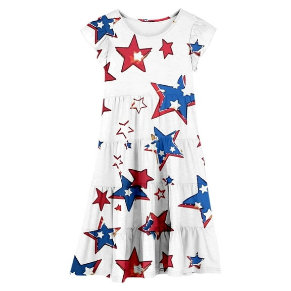 Little Girl Dress Ruffled Sleeve Tiered Swing A-Line Cotton 4th Of July Dresses For Girls Birthday Dress Girls Fancy Dress For Girls