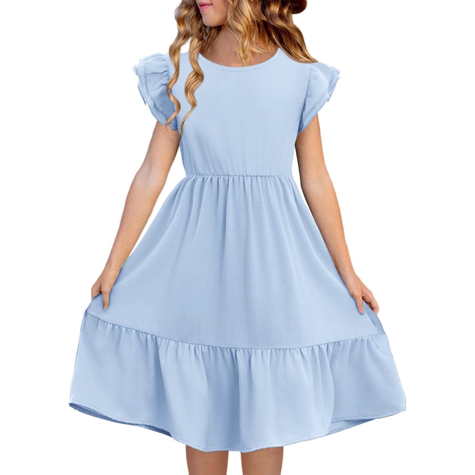Little Girl Dress Ruffled Sleeve Tiered Swing A-Line Summer Light Blue ...