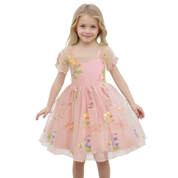 Little Girl Dress Short Sleeve A-Line Tiered Swing Casual Pink Dress For Girls Birthday Dresses For Girls Birthday Party Dresses