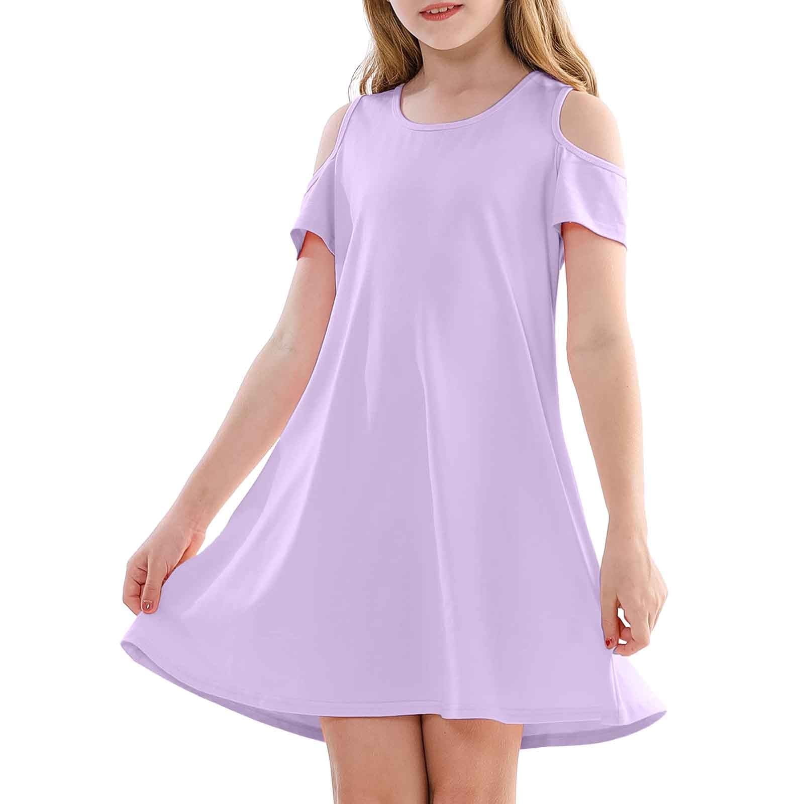 Little Girl Dress Short Sleeve Tiered Swing A-Line Casual Purple Dress ...