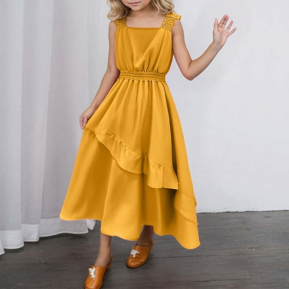 Little Girl Dress Sleeveless Tiered Swing A-Line Summer Yellow Dresses For Girls Toddler Birthday Dress Summer Princess Party Dress