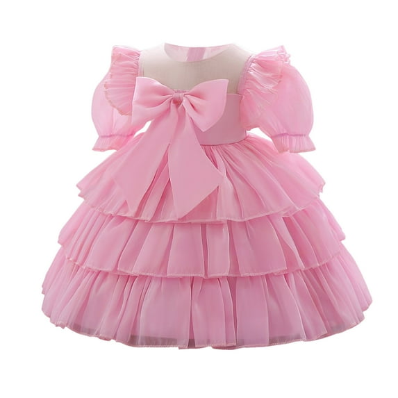 Little Girl Dresses Bowknot Princess Dress Baby Short Sleeve Mesh Cake Dress Wedding Dress Girls Party Dress Pink 12 Months-18 Months