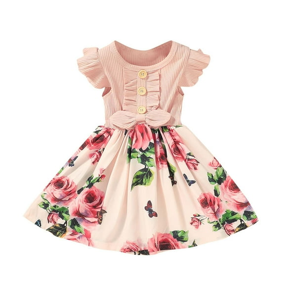 Little Girl Dresses Casual Kids Floral Sleeve Ribbed Party Fly Princess Bow Party Skirt Toddler Dress Pink 18 Months-24 Months