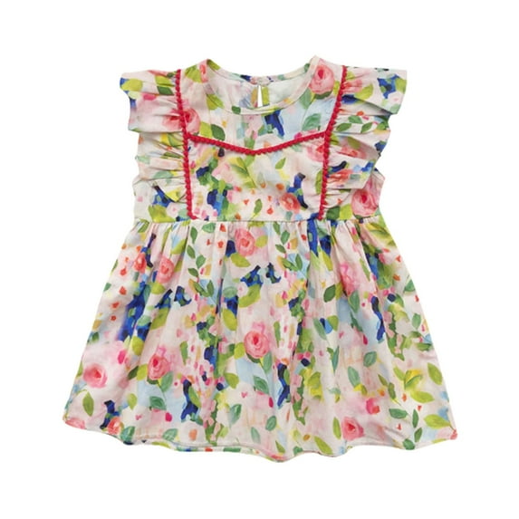 Little Girl Dresses Colorful Floral Pattern Dress Sleeveless Ruffles Sundress Style Casual Summer Dress Princess Party Dress Kids Sundress,Size 2 Years-3 Years