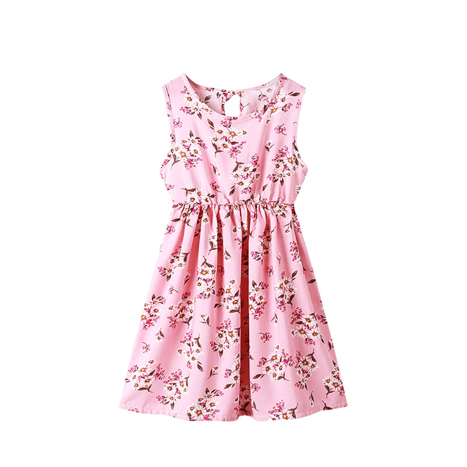 Little Girl Dresses Crew Neck Summer Sleeveless Sundress Casual Beach Floral Prints Party Dress Flowy Beach Dress,Size 4 Years-5 Years
