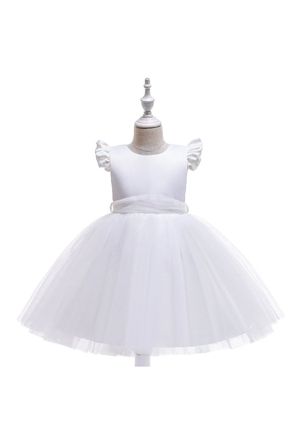 Little Girl Dresses Fitted Waist Mesh Ruffles Sleeveless Crew Neck Solid Print Gowns for Evening Parties Girls Spring Dress White 3 Years-4 Years