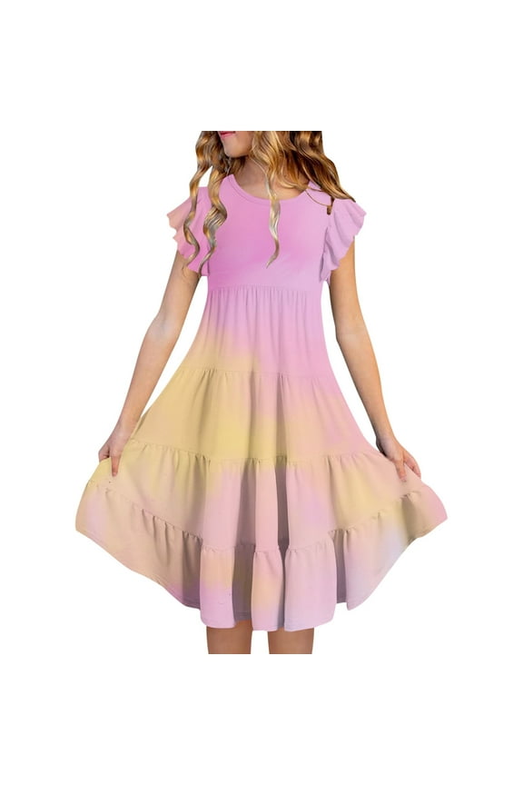 Little Girl Dress Flutter Sleeve A-Line Tiered Swing Casual Gradient Dress Girls Birthday Dresses For Girls Fancy Dress For Girls