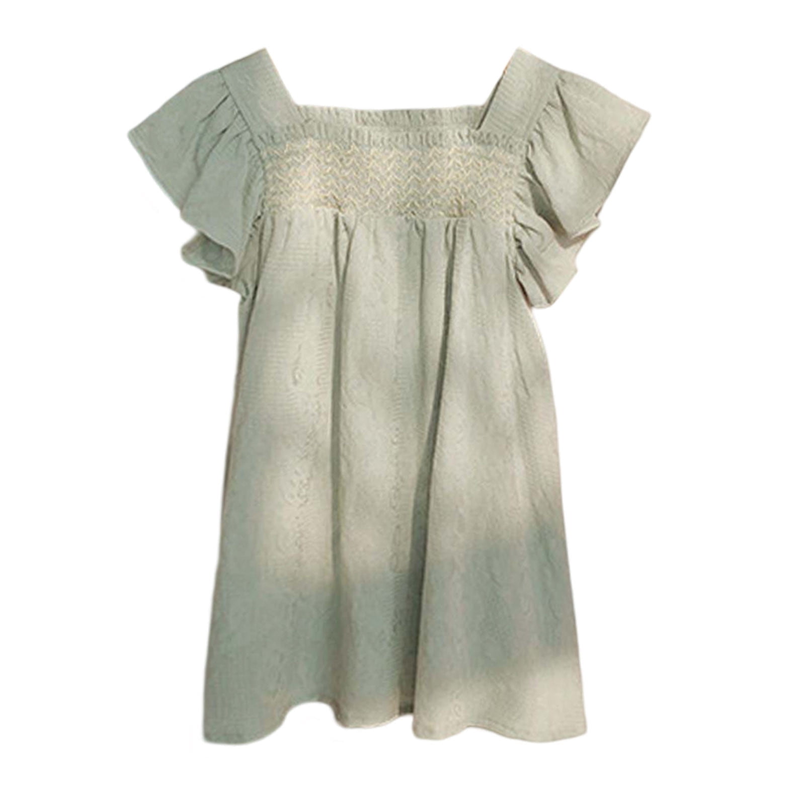 Little Girl Dresses Flutter Sleeve A-Line Tiered Swing Cotton Green ...