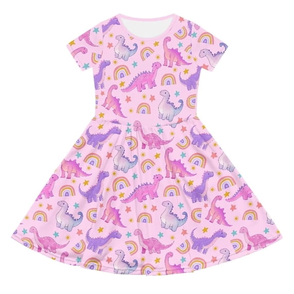 Little Girl Dresses Girls Dinosaur Print Short Sleeve Crew Neck Casual Dress Knee Length Playful Kids Summer Day Outfit Comfortable Twirl Pink 9 Years-10 Years
