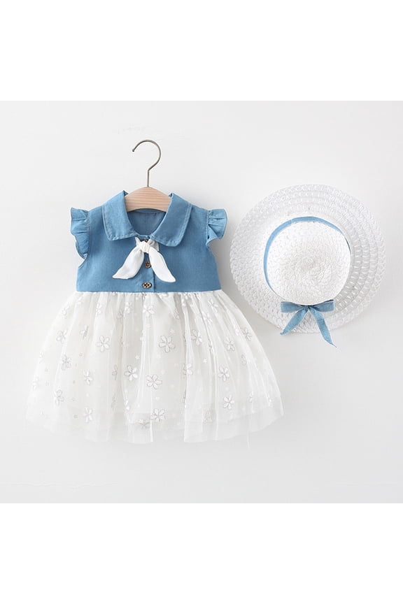 Little Girl Dresses Baby Fly Sleeve Denim Patchwork Floral Tulle Princess Hat Set Dress Party Dresses for 12-18 Months